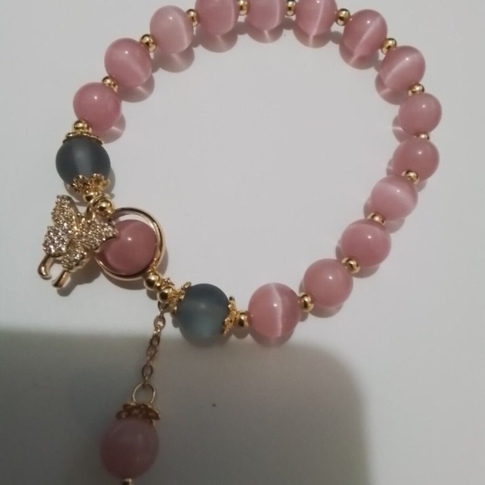 Cats Eye Pink And Blue And Rimestones Butterfly Charms Bracelet B1
